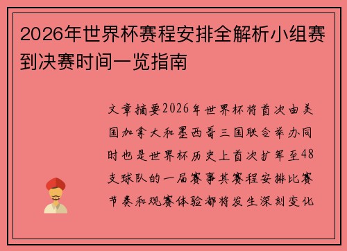 2026年世界杯赛程安排全解析小组赛到决赛时间一览指南