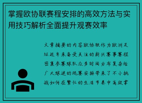 掌握欧协联赛程安排的高效方法与实用技巧解析全面提升观赛效率